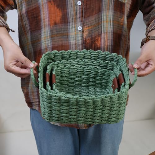 Woven Paper Rope Wicker Basket for Organizing(Set of 3,Green) - Image 5