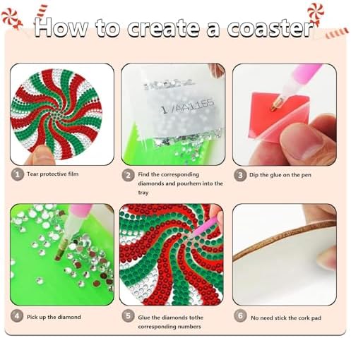 8 Pieces Christmas Candy Diamond Coasters with Holder 5D DIY Christmas Candy Art Coasters for Drinks Diamond Arts Kits for Xmas - Image 3
