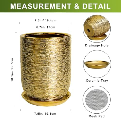 Indoor Plant Pot 8 Inch - Ceramic Planter for Indoor Outdoor Flowers, Round Modern Flower Pot with Drainage Hole and Saucer, Gifts for Plants Lovers, Garden Room Decor, Gold - Image 3