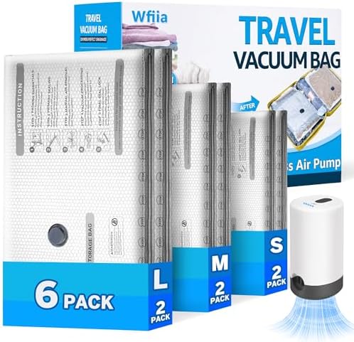 6 Packs Vacuum Bags for Travel with Rechargeable Pump, 3 Sizes Heavy Duty Vacuum Seal Bags for Clothing, Compression Vacuum Travel Bags for Luggage, Vacuum Packing Bags for Closet Organization by Wfiia