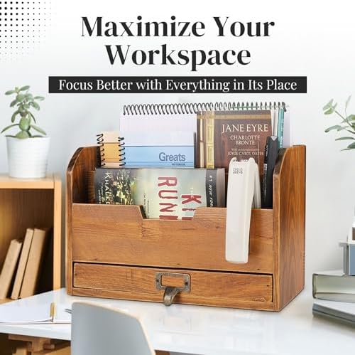 Flexzion 3 Tier Wooden Desk Organizer - Country Rustic Compartments Slot File Tray Pencil Sorter Shelf Holder Supplies Rack Accessories Set with Storage Drawer for Desktop Tabletop Office Home Brown - Image 2