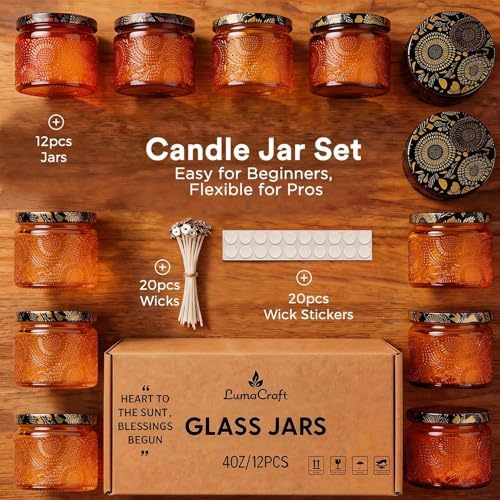 LumaCraft Luxury Embossed Glass Candle Jars for Making Candles - 12 Pack Empty Candle Containers with Airtight Metal Lids, 20 Wicks & 20 Stickers, Colored Glass Jars for Gifts & Decor-4oz - Image 2