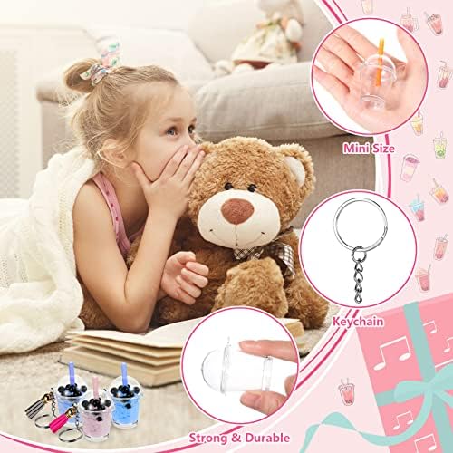Cunno 348 Pcs Mini Milky Tea Keychain Accessories Bubble Tea Cream Glue Casting Includes Keychain Rings Mini Cup Pendant Charm Straws Assels, 12 Pcs Each, 300 Bubble Beads for DIY Crafts(Bright Color) - Image 5
