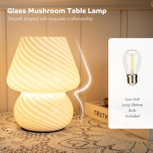 ULAROOM Battery Operated Mushroom Lamp - Vintage Small Table Lamp with Timer, Cordless Bedside Nightstand Lamp, Glass Battery Powered Lamp for Bedroom Kitchen Living Room Shelf Decor Aesthetic White - Image 4