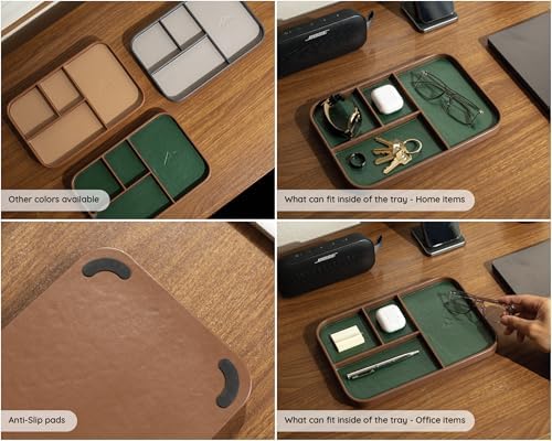 MUUJEE Leather Catchall Multitray (Design 3) - 11.65 x 7.75 x 0.8, Nightstand Entryway Bedside Dump Tray Valet Organizer for Keys Phone Wallet Watch Glasses Pens, Office Desk Accessory for Men, Green - Image 5