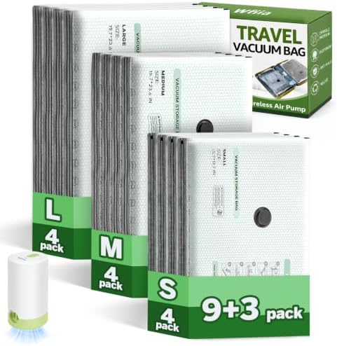 9+3 Packs Vacuum Bags for Travel with Rechargeable Pump, 3 Sizes Heavy Duty Vacuum Seal Bags for Clothing, Compression Vacuum Travel Bags for Luggage, Vacuum Packing Bags for Closet Organization by Wfiia