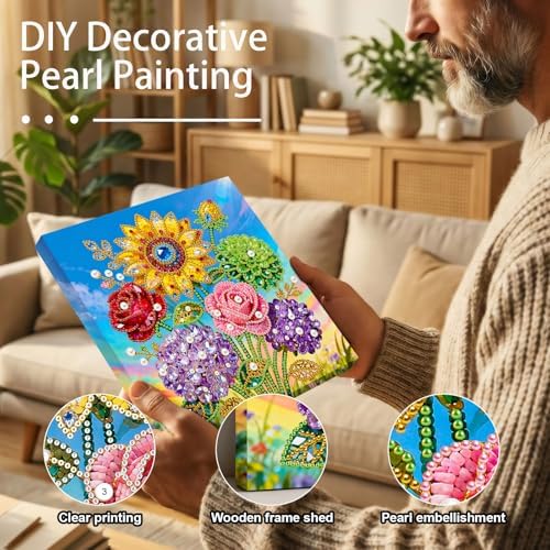 Xylzzuit Pearl Painting Kit with Frame 9.84x9.84IN Colorful DIY Gemstone Pearls Beads Art Craft for Adults Home Desktop Wall Decor (Flower02) - Image 2