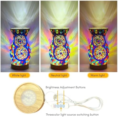 Mosaic Vase Lamp, Turkish Moroccan Table Lamp with Wood Base, USB LED - Image 5