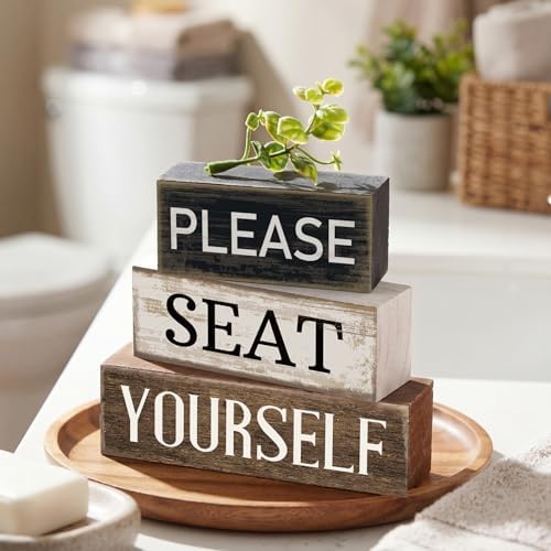 Moucuny 4 Pcs Please Seat Yourself Sign Wooden Bathroom Farmhouse Decor - Image 2