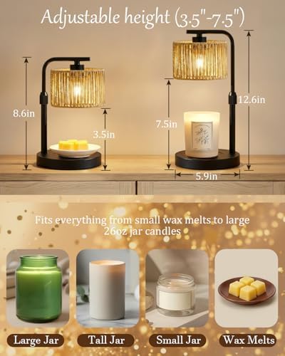 Candle Warmer Lamp, Timer Dimmable Candle Lamp, Adjustable Height and Brightness Black Candle Warmer, Boho Rattan Lampshade and 2 Bulbs, Suitable for Home Decor, Birthday Gifts for Women Mom - Image 6