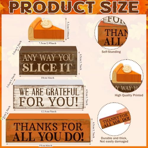 Moucuny 4 Pcs Fall Coffee Table Decor, Grateful Pumpkin Pie Wood Block Sign - Image 3