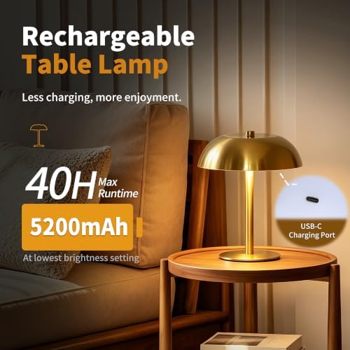 8.4" Mushroom Rechargeable Cordless LED Table Lamp, 5200mAh Battery Powered Portable Table Light with 3 Color Modes & Stepless Dimming, for Patio, Kitchen, Restaurant (Gold) - Image 6