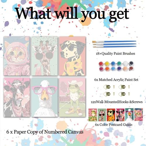 6 Different Animals Paint By Numbers for Adults Cat Giraffe Dog Cow Duck Frog Art DIY Colorful Animal Drawing Paintwork Paint by Acrylic Paint Mini Canvas Easy Painting Kits 8x12 Inch without Framed - Image 2