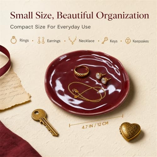 Jewelry Dish, Red Glossy Ceramic Round Shallow Ring Tray - Image 6