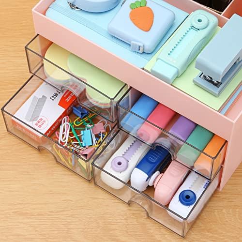 LETURE Office Desktop Organizer with Drawer, Desk Top Accessories Stationary Organizer Desk Caddy, Pen/Pencil/Business Card/Sticky Note Tray/Paperclip Holder Storage Box (Pink) - Image 7