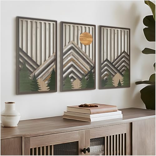 VIYYIEA Boho Solid Wood Carved Wall Art Set of 3, Geometric Minimalist Wooden Home Decor Panels, Handcrafted Solid Wood Wall Hanging for Living Room Bedroom Hallway, 16 x 8 Inch Each (Sunrise Green) by VIYYIEAART