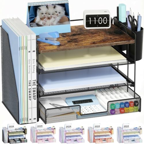OPNICE Desk Organizer, 4-Tier Desktop File Organizer with Drawer and Pen Holders, Office Desk Accessories, File Sorters, Workspace Organizers for Office Supplies(Wood) by OPNICE