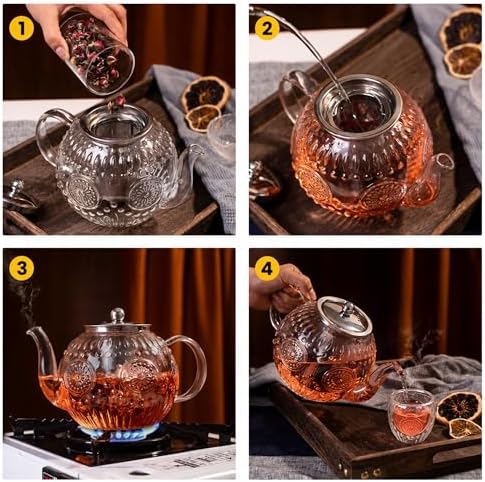Amzcku 50OZ/1500ml Vintage Glass Teapot Set with 4 Cups, Teapot Set with Removable Infuser Stovetop Safe, Borosilicate Glass Tea Kettle for Blooming & Loose Leaf Tea - Image 4