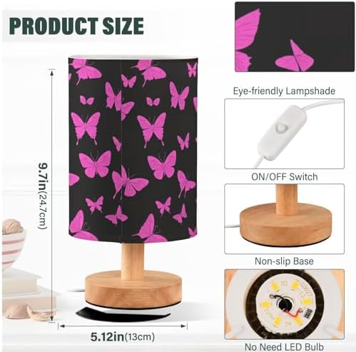 Hot Pink Butterfly Pink and Black Bedside Table Lamps with USB Port for Bedroom Lamp Table Lamp Small Nightstand Lamp Sturdy Linen Shade Wooden Decorative Lamps for Home Dorm Office Living Room - Image 4