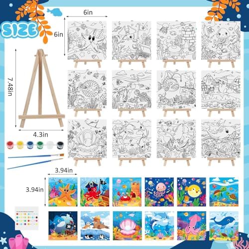 Tenceur 12 Sets Pre Drawn Canvas to Paint Adult Stretched Coloring Painting Canvas Panels with Design Easel and Brushes for Party Supplies Beginner Favor(Sea Animal) - Image 2