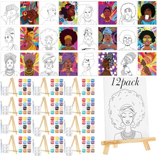 Zhanmai 72 Pcs 12 Sets Sip and Paint Kit Pre Drawn Canvas for Painting 8" x 10" Paint Party Canvas Painting Pre Printed Canvases for Party Favor DIY Virtual Adult's Date Night(Afro Queen) by Zhanmai