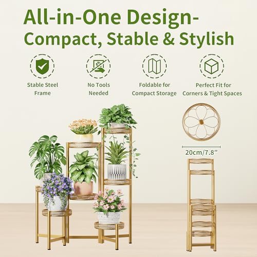 Plant Stand Indoor, 7 Tier Large Plant Stand with 7.9-Inch Wide Drainage Tray, Tiered Corner Flower Display Holder Shelf, Folding Tall Rack for Patio Balcony Porch - GoldFlower - Image 5