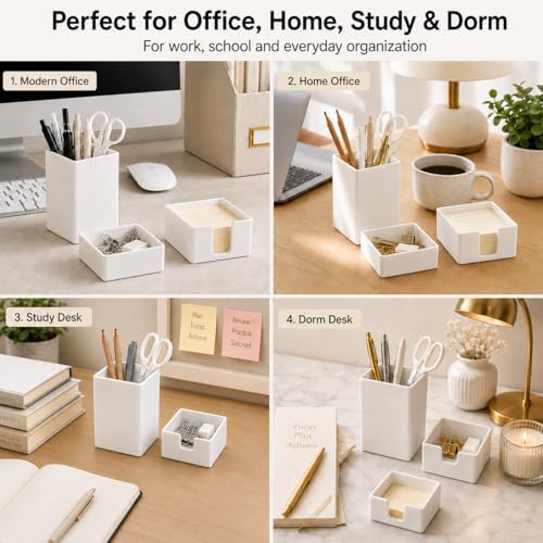 minimaliving Aesthetic Silicone Desk Organizer Set of 3,Modern Office Desk Accessories with Pen Holder,Paperclip Tray,Sticky Note Holder,Stylish Functional Office Desk Decor for Back-to-school(White) - Image 4