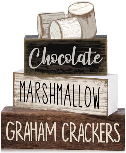 Moucuny 4 Pcs Wooden Block Signs Farmhouse Table Tiered Tray Smores Theme by Moucuny