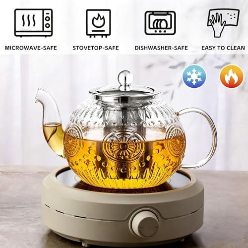 Amzcku 50OZ/1500ml Vintage Glass Teapot Set with 4 Cups, Teapot Set with Removable Infuser Stovetop Safe, Borosilicate Glass Tea Kettle for Blooming & Loose Leaf Tea - Image 3