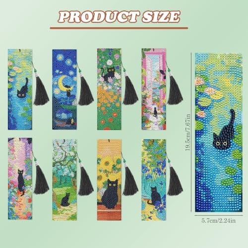8 Pack Diamond Art Bookmark of Black Cat Oil Painting Design with Tassel - Image 3