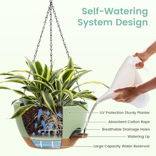 UOUZ Set of 3-10 Inch Self Watering Hanging Planters for Indoor & Outdoor，Hanging Plant Pots with Drainage & Removable Tray, Hanging Pots Holder for Ivy, Ferns, Balcony & Patio, Green and Brown - Image 4
