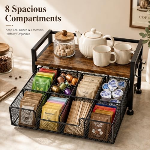 Tea Bag Organizer, Tea Bag Organizer Drawer, Wood Tea Organizers and Storage Chest Teabag Holder with Storage Drawer,Rustic Brown for Countertop Kitchen, Office - Image 5