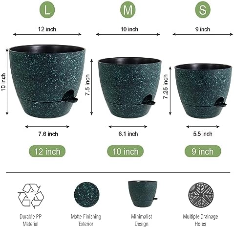 UOUZ Large Self Watering Pots, 12/10/9 Plastic Planters with High Drainage Holes and Deep Reservoir for Indoor Outdoor Garden Plants and Flowers, Black with Green Speckles - Image 2