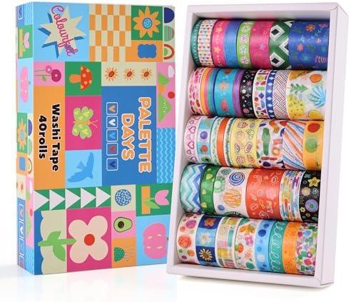 emmoolife 40 Rolls Washi Tape Set, Vibrant Color Palette-Themed Cute Decorative Tapes for Scrapbooking, Bullet Journaling, Junk Journal Supplies, DIY Planner Art, 5-30mm Wide by emmoolife