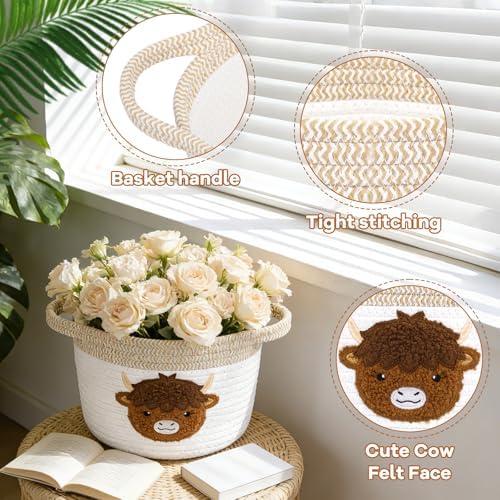 Highland Cow Gift Basket - Small Woven Cotton Rope Organizer Basket for Nursery, Pet Toys & Baby Shower, Foldable Decorative Bin with Handles (7.8x6in) - Image 3