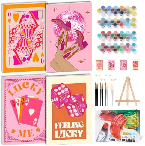 4 Pack Framed Paint by Numbers Kit for Adults, Pink Disco, 8 x 12 Inch by GEEHEIY