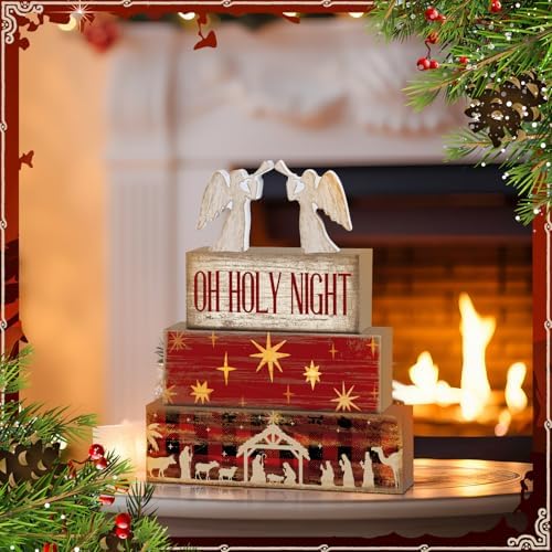 Moucuny 4 Pcs Christmas Table Decor, Oh Holy Night Wooden Sign - Image 4