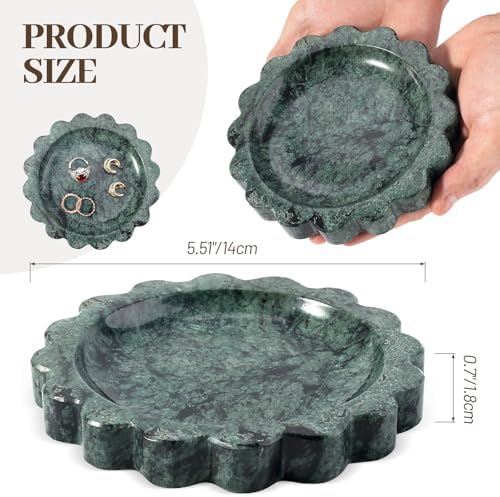 Koville 5.51" Scalloped Marble Tray, Round Stone Jewelry Trinket Dish for Ring, Natural Small Marble Tray for Bathroom Kitchen Dresser Countertop, Decorative Candle Tray(Green) - Image 2
