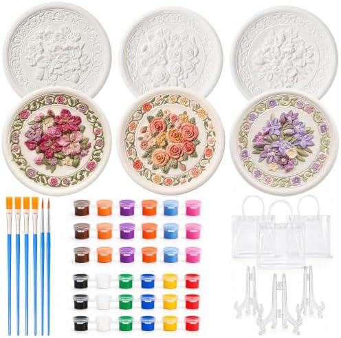 HuiBeans 3 Pcs DIY Floral Plaster Plate Painting Kit for Adults - 3D Flower Relief Plaques with 3 Display Stands, 6 Paint Strips, 9 Brushes, 3 Palettes & 3 Gift Bags - Ceramic-Like Home Decor by HuiBeans