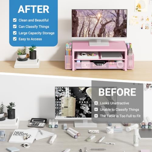 OPNICE Desk Organizers and Accessories, Computer Monitor Stand Riser with Drawer and 2 Pen Holders, Printer & Laptop Stand, Office Desk Accessories & Workspace Organizers for Home Office Supplies, Metal Pink - Image 2