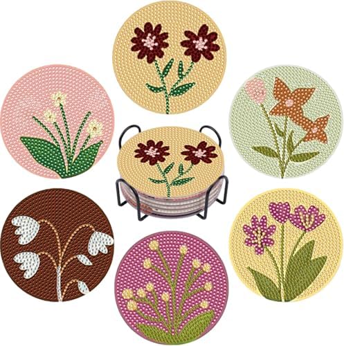 DOTSOPS 6 Pack Flower Diamond Art Coasters with Holder for Adults 4 in by DOTSOPS