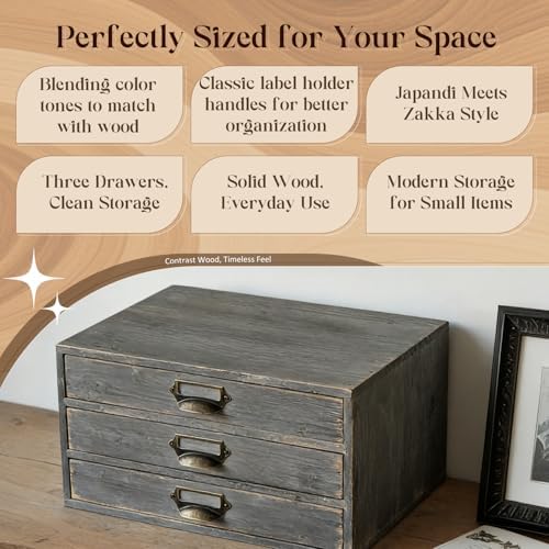 Stackable Modular Desktop Drawer Organizer, Solid Wood Grey 3-Drawer Storage Unit with Label Pull Handles, Stone Gray Japandi Style, Expandable by Adding More Units for Clutter-Free Spaces - Image 4