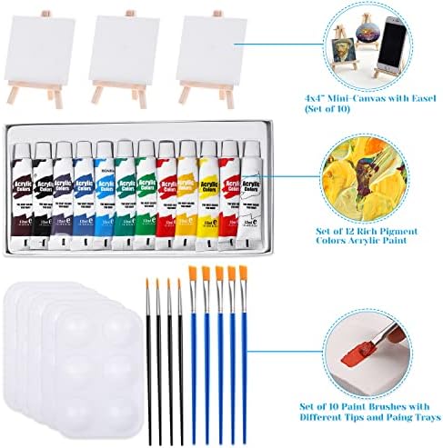 Mini Canvas and Easel, Cridoz 47 Pieces Small Canvas Painting Set Includes Mini Easel, Acrylic Paint, Paintbrushes and Palette for Artists Art Party Sip and Paint Night - Image 2
