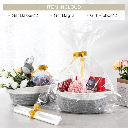 2 Pack Small Woven Basket with Gift Bags and Ribbons, Empty Decorative Gift Chest Box, Cute Baby Gift Basket for Nursery, Cotton Rope Room Shelf Storage Basket with Handles, All 12"x 8"x 5", Gray - Image 2