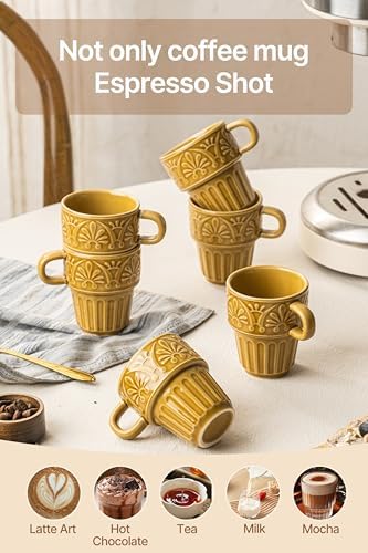 LYEOBOH Ceramic Mugs, 12 OZ Khaki Coffee Mugs Set of 4, Stackable Mug, Microwave & Dishwasher Safe, Stylish Texture Design for Coffee Tea Milk, Ideal for Home Kitchen Party & Festival Gifting - Image 4