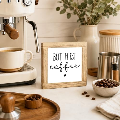 Coffee Bar Decor Wooden Sign, But First Coffee Tabletop Plaque, Farmhouse Kitchen Counter Shelf Sitter, Rustic Coffee Station Decor For Home Cafe Corner Gift, 5.9 x 5.9 in - Image 4