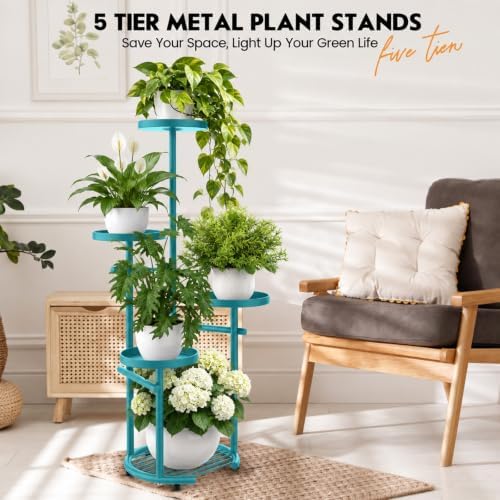 TOSKING Tall 5-Tier Round Metal Corner Plant Stand Indoor, Anti-Tip, Blue - Image 2