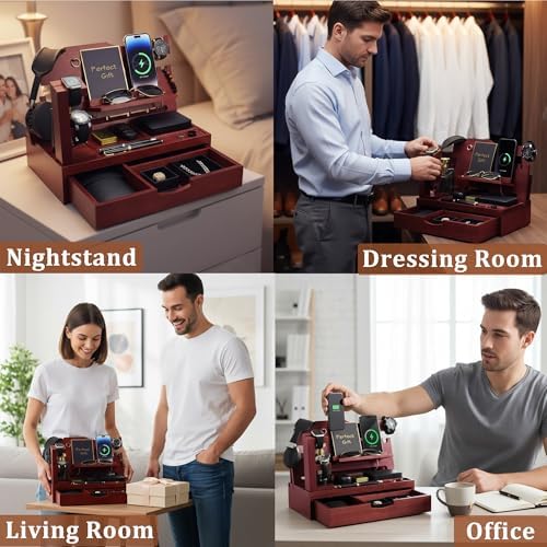 Nightstand Organizer for Men with Drawer Gift for Men, Mahogany - Image 5