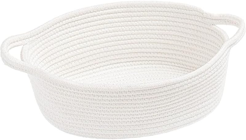 Woven Cotton Rope Storage Basket with Handle, Round Home Storage Basket for Home Organization and Gift Organizer, Home Organizer, Bedroom, Living Room, 12 x 8 x 5 Inch (White) by Unknown