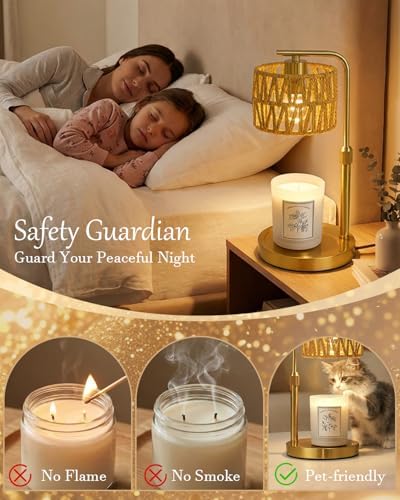 Candle Warmer Lamp with Timer, Dimmable Candle Warmer for Jar Candles, Height Adjustable Candle Lamp Warmer, Boho Rattan Lampshade and 2 Bulbs, Gift for Home Room Decor, Gifts for Women Mom (Gold) - Image 2